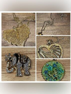 Vintage Costume Jewelry Bundle - 5pc Eclectic Necklace, Pendant & Brooch Set